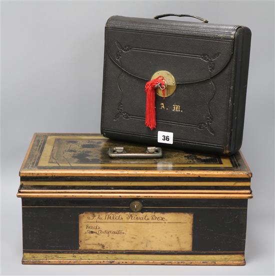A Victorian metal deed box and a locking writing case